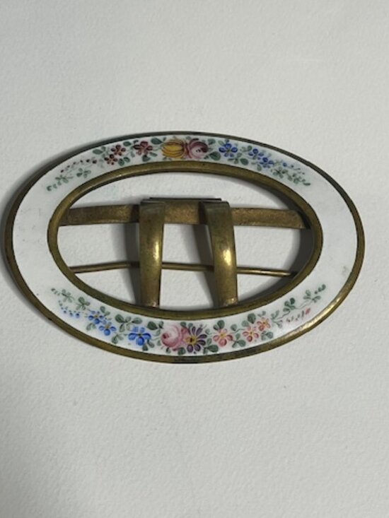 VTG Oval Enamel Floral & Brass Belt Scarf Belt Buckle Hand-Painted 3.5\